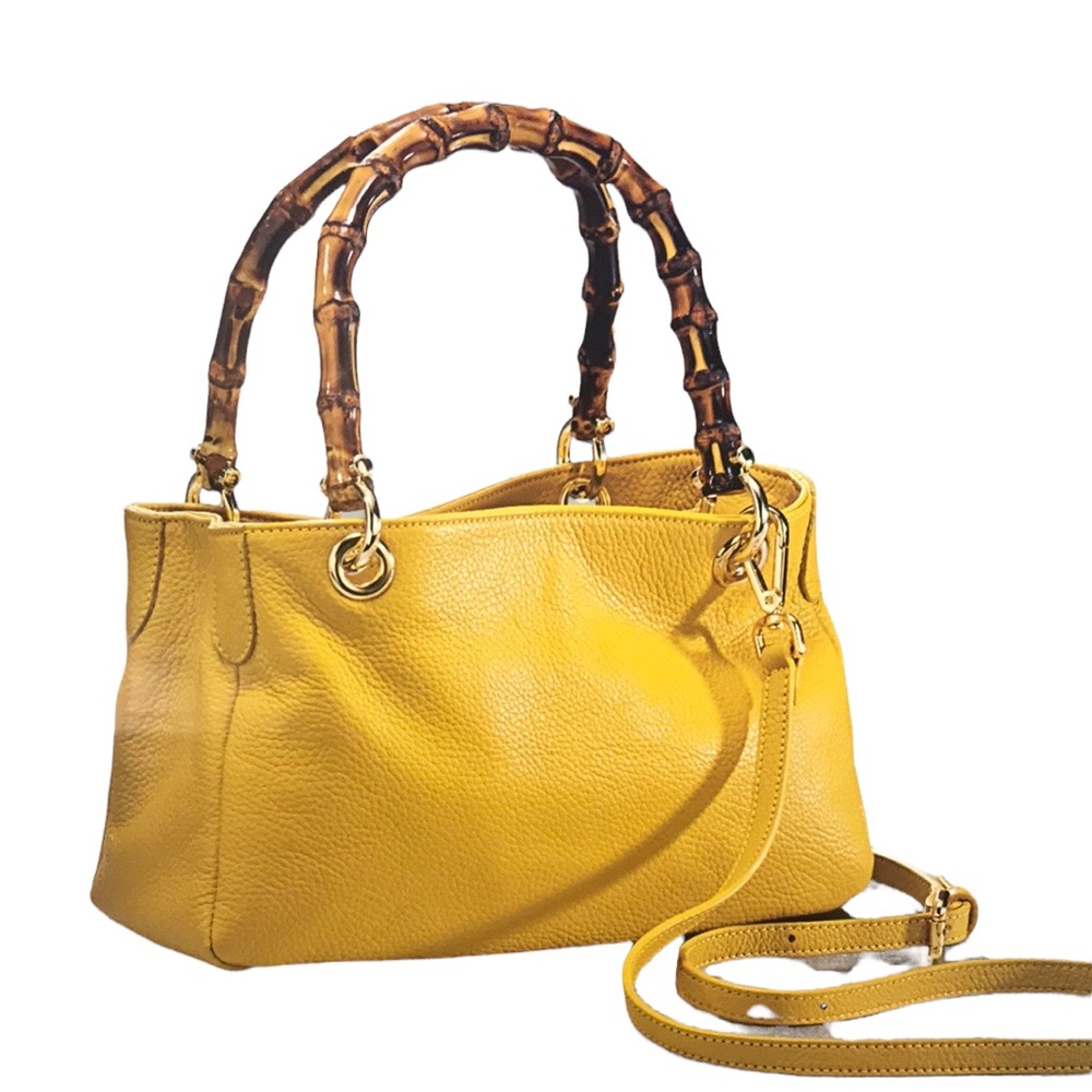 Uno Alla Volta | Florentine Leather Mustard Handbag With Bamboo Handles | Italy